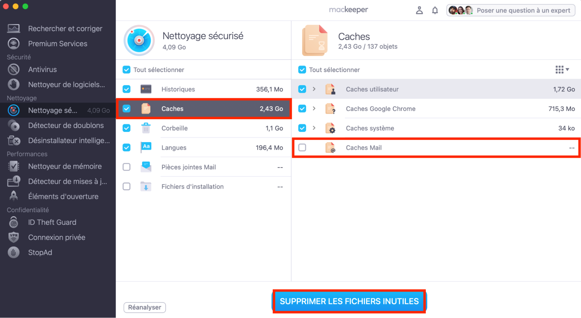 Le menu Nettoyage sécurisé de MacKeeper après une analyse. Mail Caches est mis en évidence, ainsi que le bouton Supprimer les fichiers inutiles. Comment supprimer les caches Mail sur Mac.