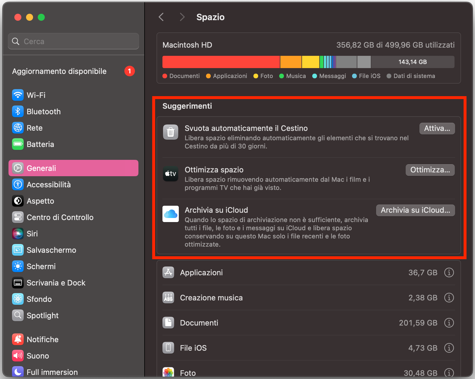 Se iCloud Drive occupa troppo spazio su Mac, usa il suggerimento Archivia su iCloud nella sezione Spazio per liberare spazio sul Mac.