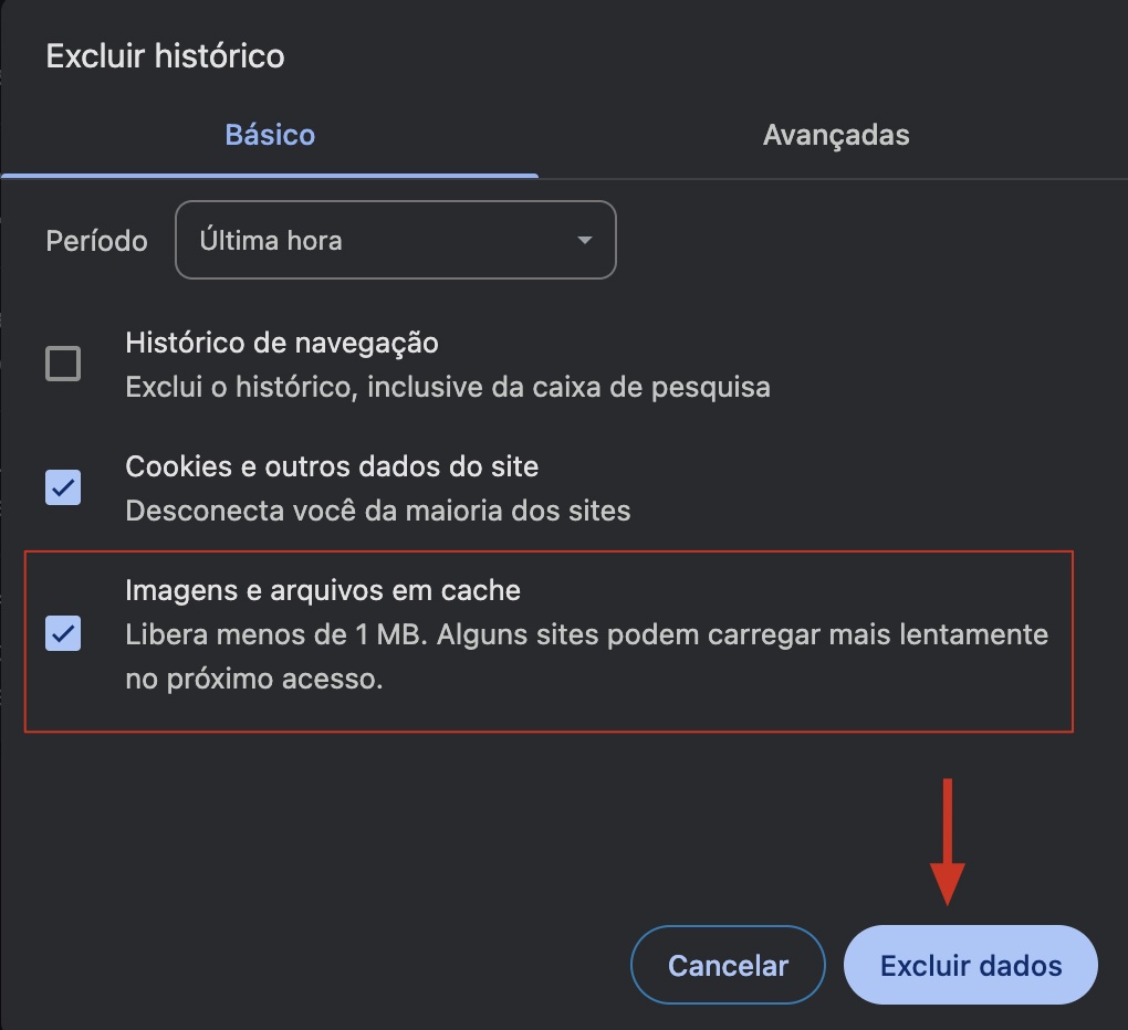 O Google Chrome no Mac exibe o menu Limpar dados de navegação. Selecione Imagens e arquivos armazenados em cache e depois clique no botão Excluir dados.