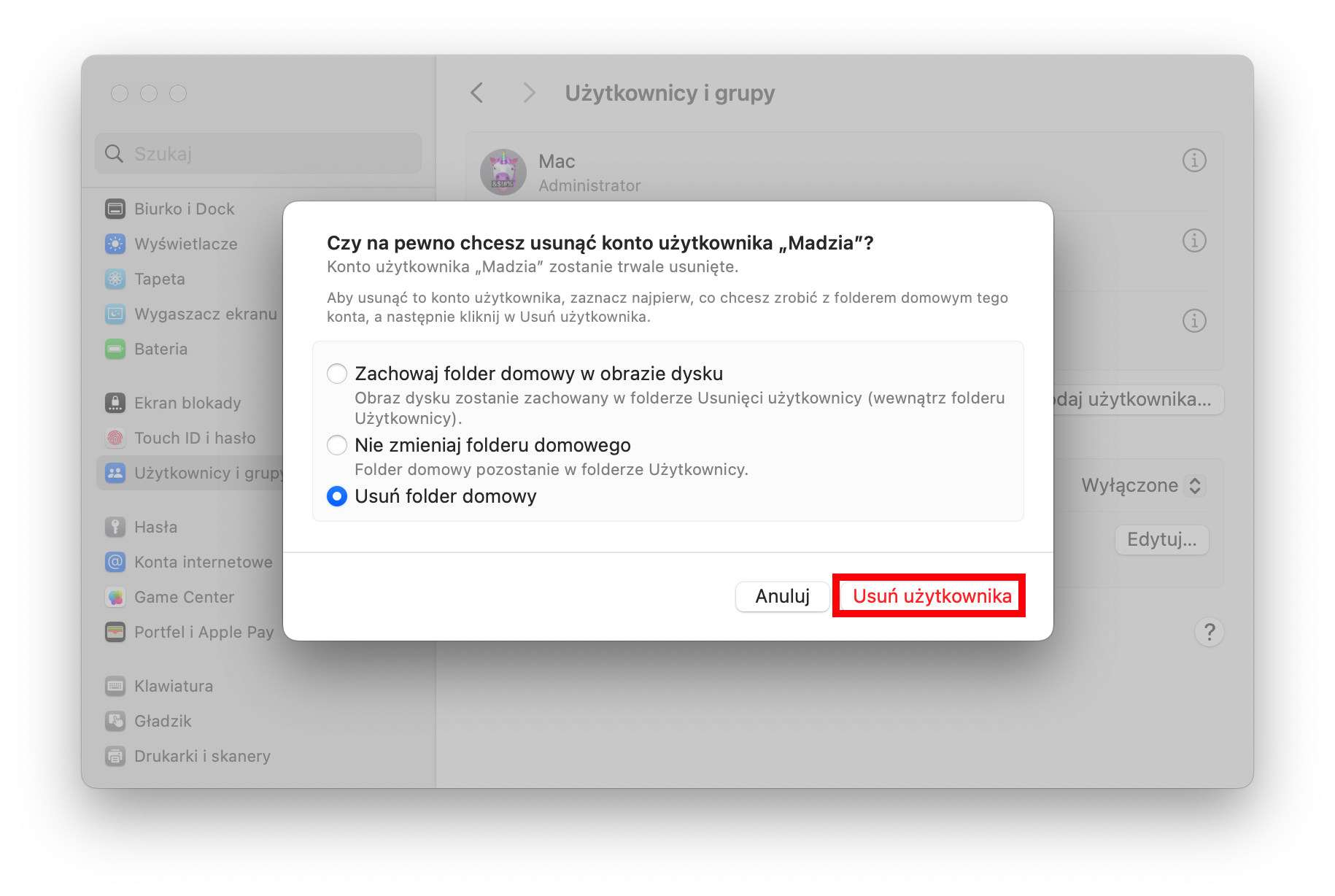 Aby usunąć niechciany profil na macOS, wybierz opcję Usuń folder domowy, a następnie kliknij przycisk Usuń użytkownika.