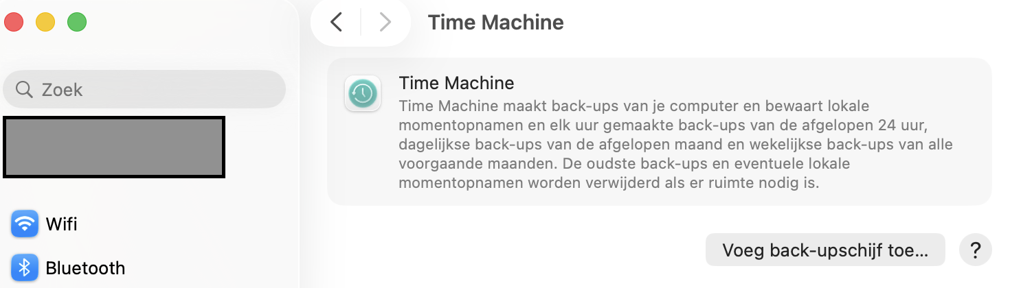Je kunt nu op de knop Voeg reservekopieschijf toe klikken om de externe schijf te selecteren die verbonden is met je Mac, waar Time Machine je bestanden naartoe moet kopiëren.