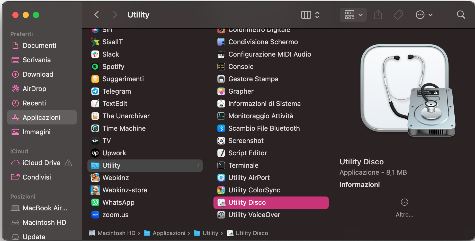 Per proteggere le cartelle con password con Utility Disco su Mac, apri prima Utility Disco da Applicazioni > Utility. 