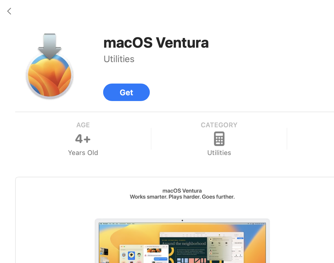 After finding the version of macOS you want and clicking View, you'll then see a button called Get. Click on this to commence the download.