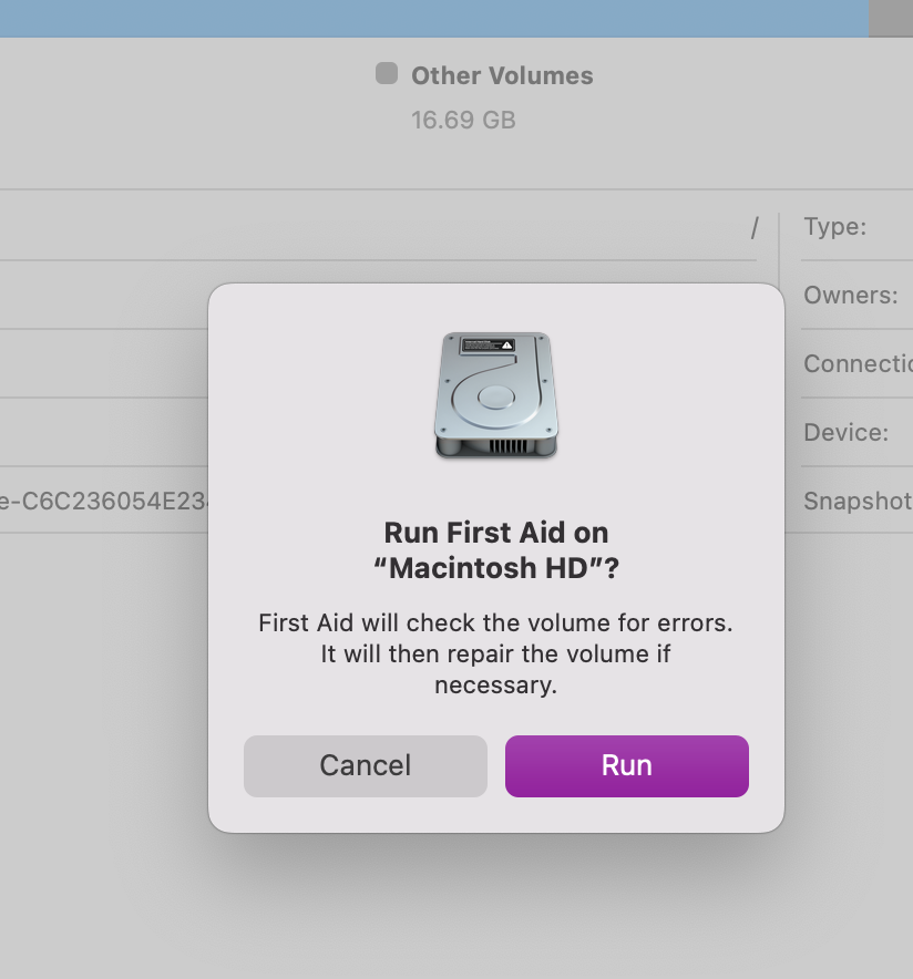 Click on the First Aid icon and select Run to allow Disk Utility to run the First Aid software scan on your Mac.