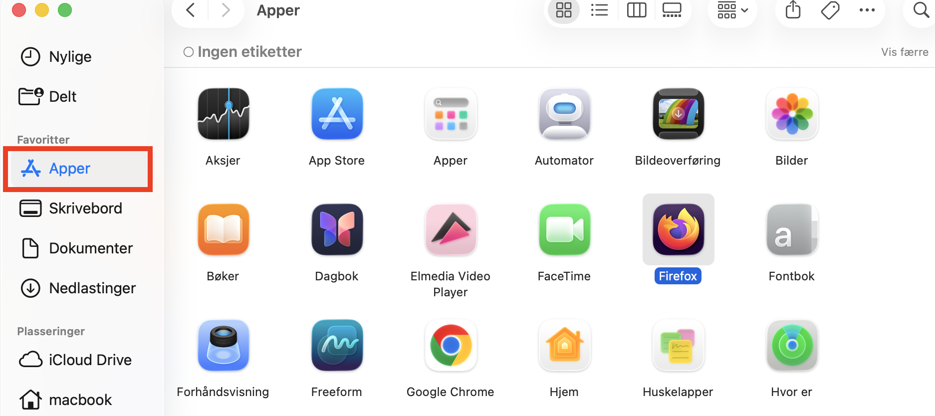 Mappen Apper i Finder på Mac. Du kan fjerne ubrukte apper herfra for å frigjøre plass på Mac.