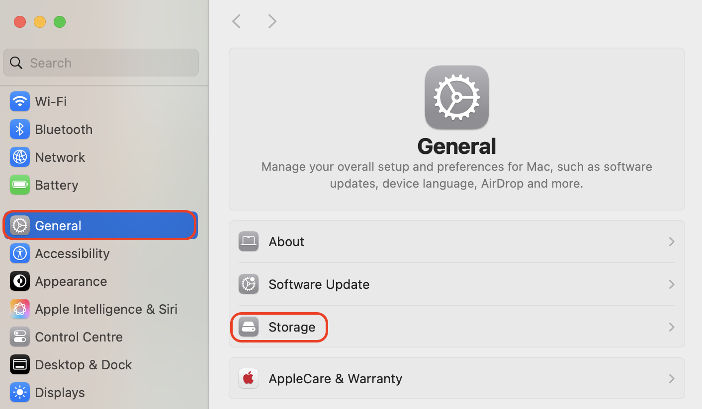 Open System Settings, select General in the sidebar, then click Storage to review how much free space your Mac has left before you install the update.
