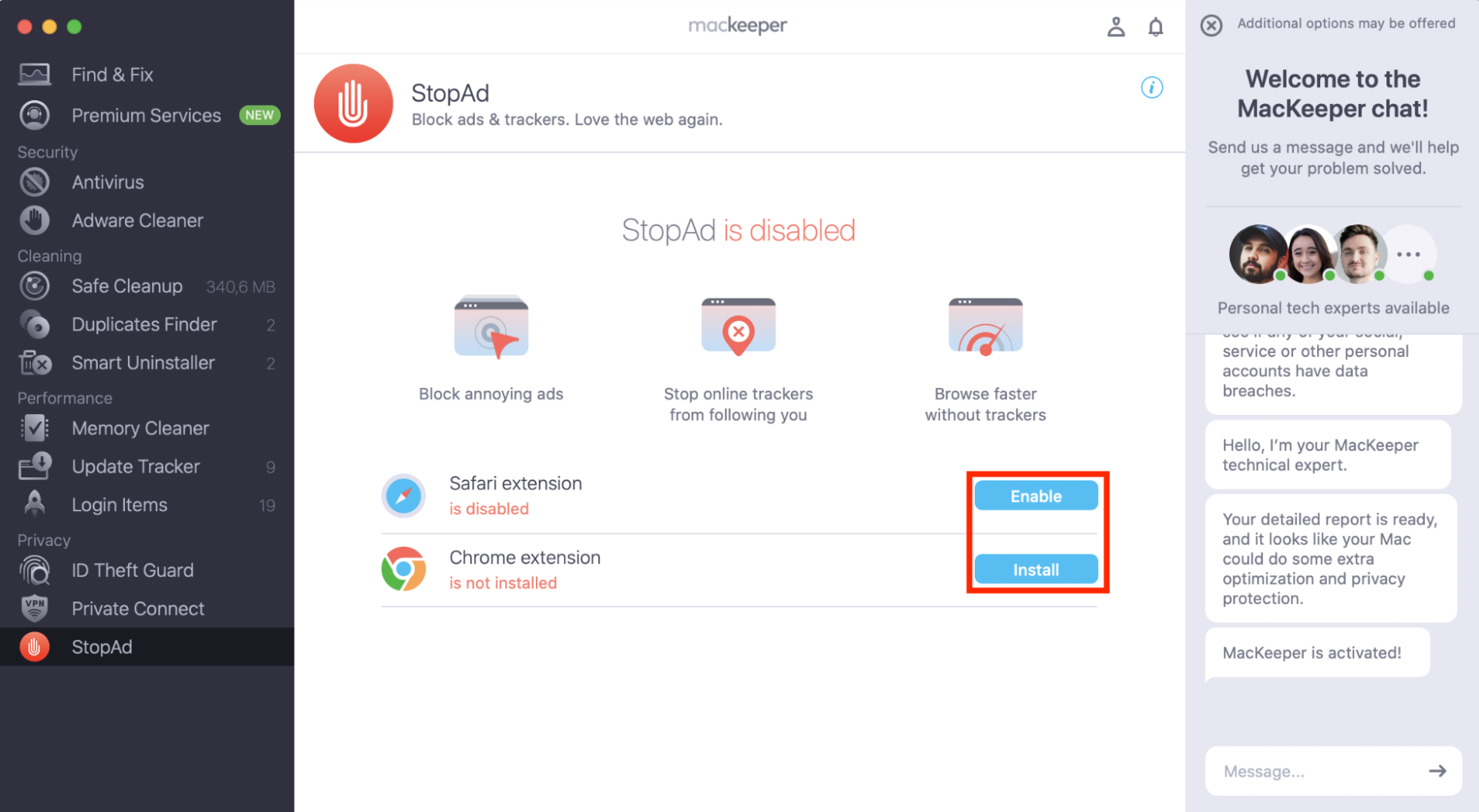 MacKeeper's StopAd tool on Mac. StopAd blocks ads, banners, and invasive trackers across all websites in Safari and Google Chrome on macOS.
