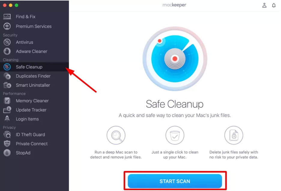 To use MacKeeper's Safe Cleanup, select it from the sidebar and hit the Start Scan button.