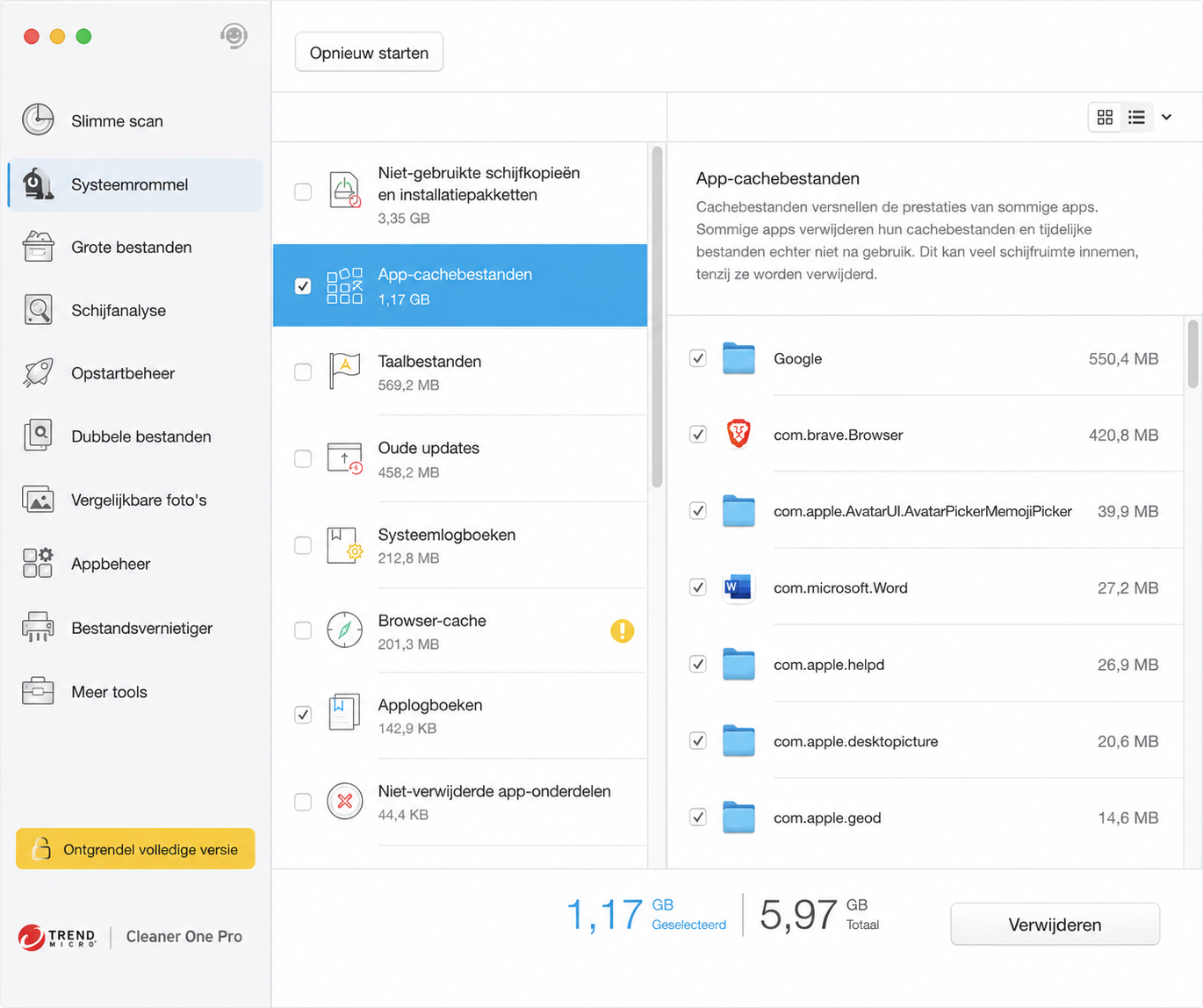 Maak in één oogopslag kennis met de functionaliteit van Cleaner One Pro en de functie Systeemrommel. Nadat de scan is voltooid, kun je de gewenste categorieën of bestanden selecteren en op Verwijderen klikken.