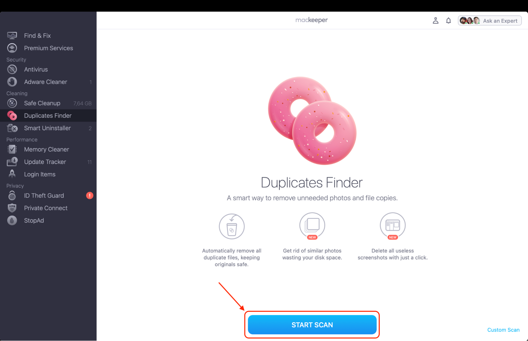 Click Start Scan in MacKeeper's Duplicates Finder and wait for the tool to analyze your Mac's storage for identical or similar files.