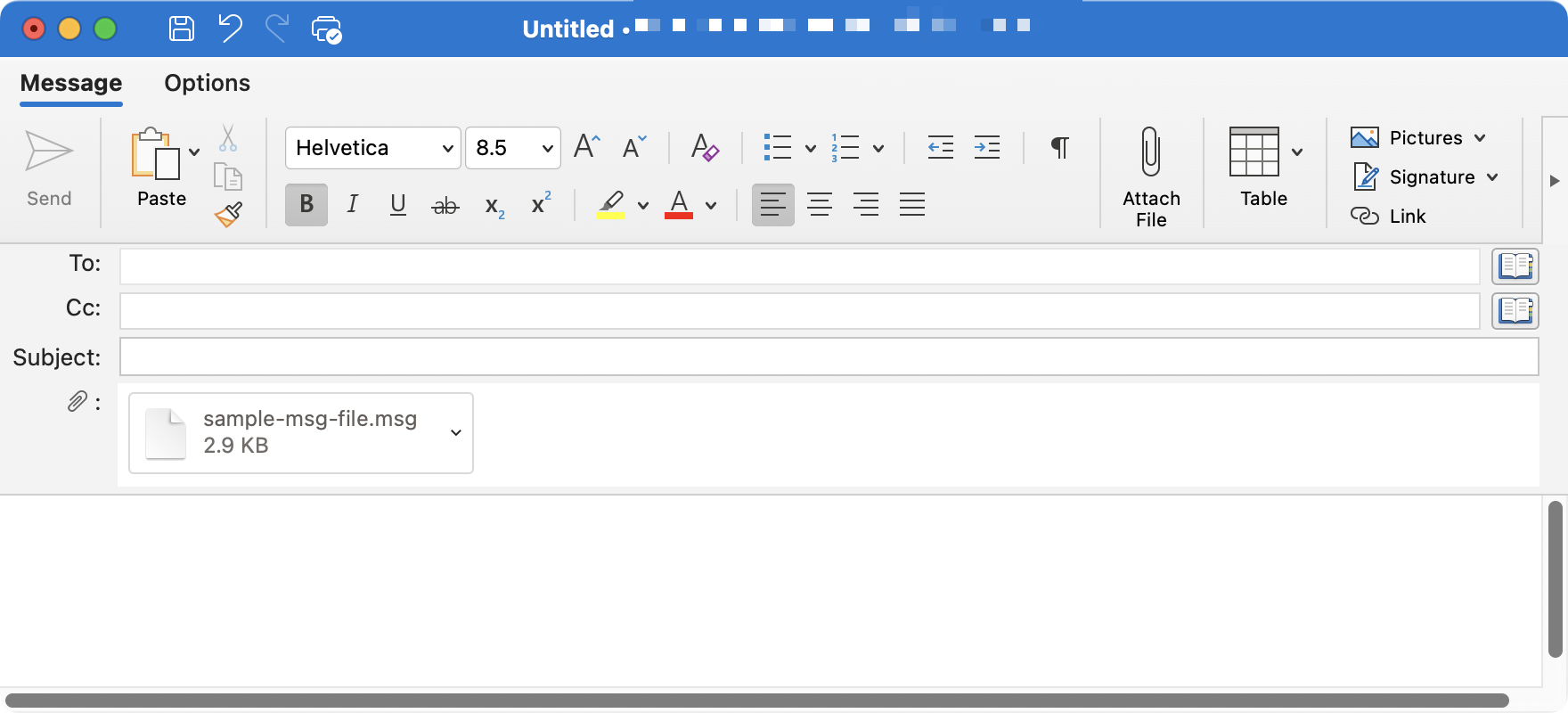 You cannot open .MSG files with the Apple Mail client or Outlook for Mac. If you try to, the .MSG file will simply be added to a blank email as an attachment.