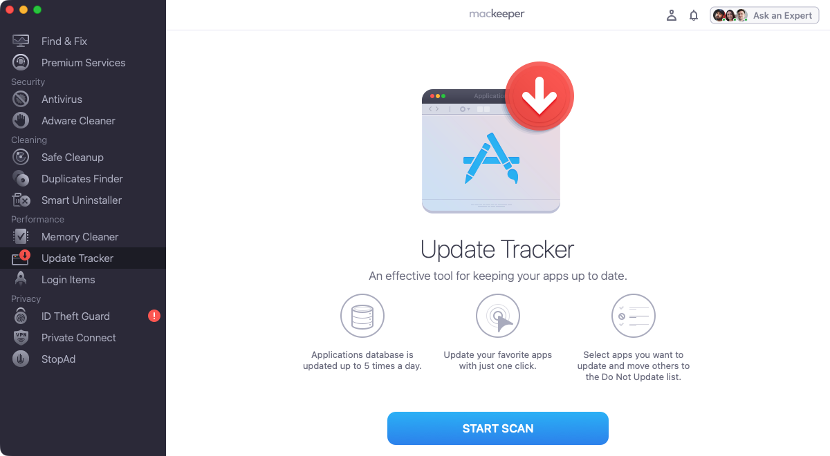 MacKeeper’s Update Tracker is a quick and convenient way to keep your third-party apps updated. Select ‘Update Tracker’ from the sidebar, then click ‘Start Scan’.
