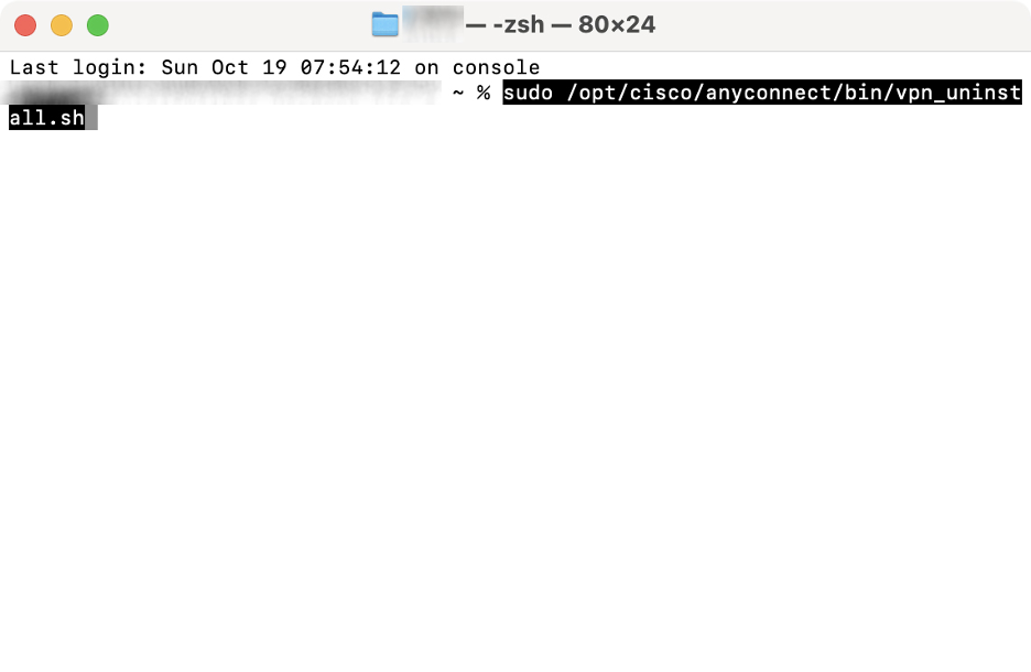 To uninstall a VPN app on your Mac, type in the sudo /opt/cisco/anyconnect/bin/vpn_uninstall.sh command and press Enter.