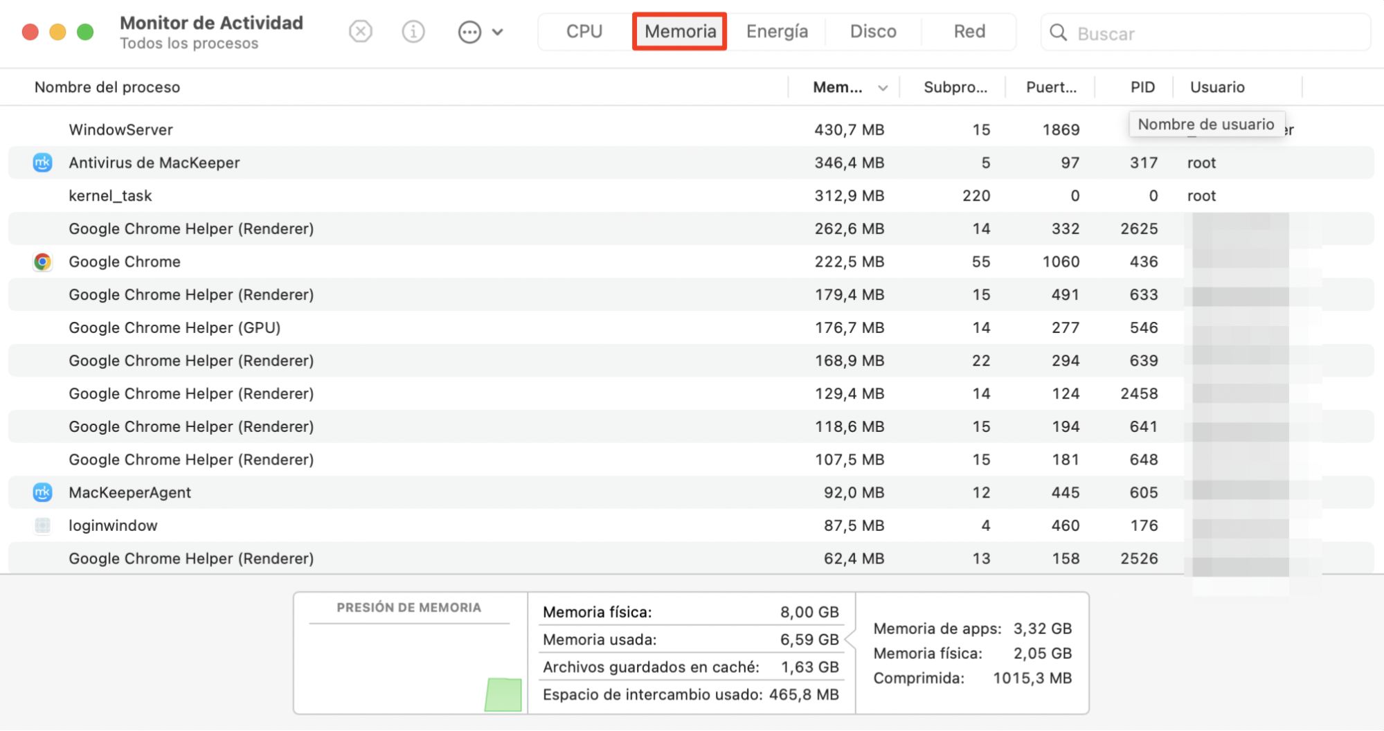 Para comprobar si tu Mac necesita más RAM, abre la pestaña Memoria.