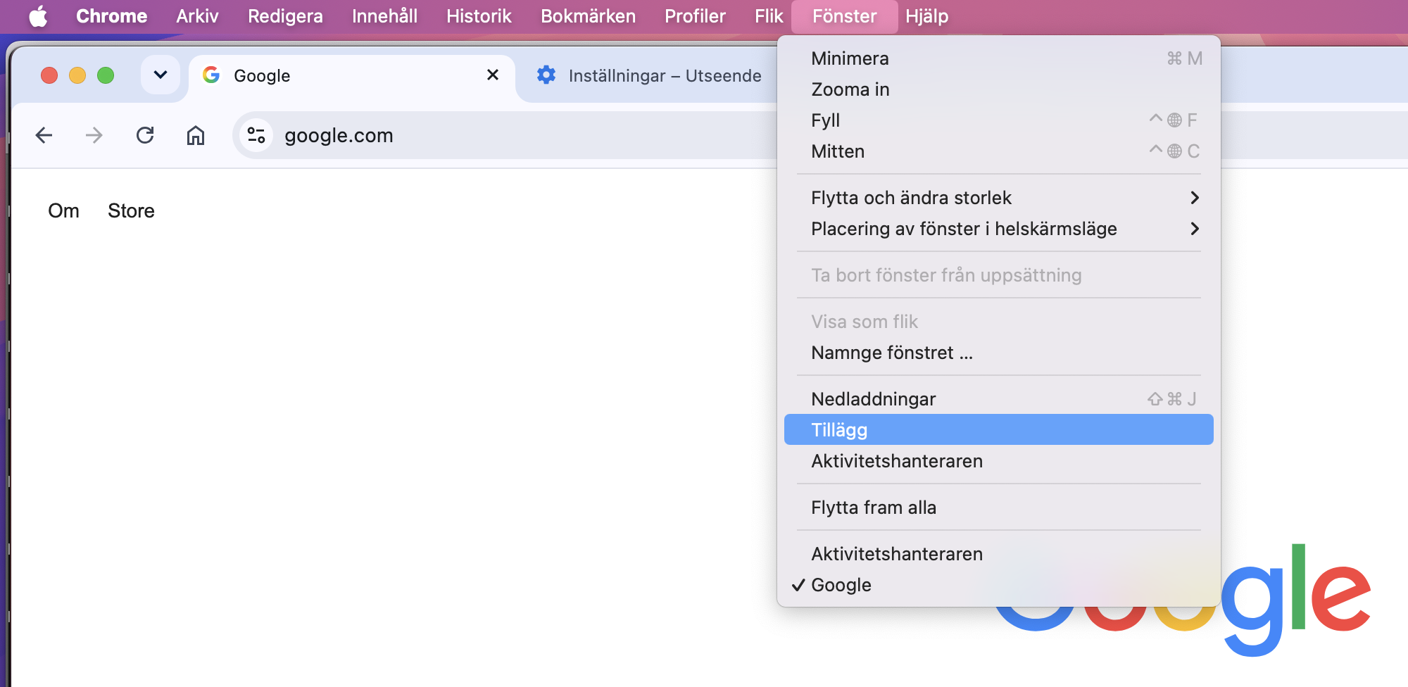Om du ser något du vill ta bort, gå till Fönster > Tillägg från menyraden för att starta borttagningsprocessen.