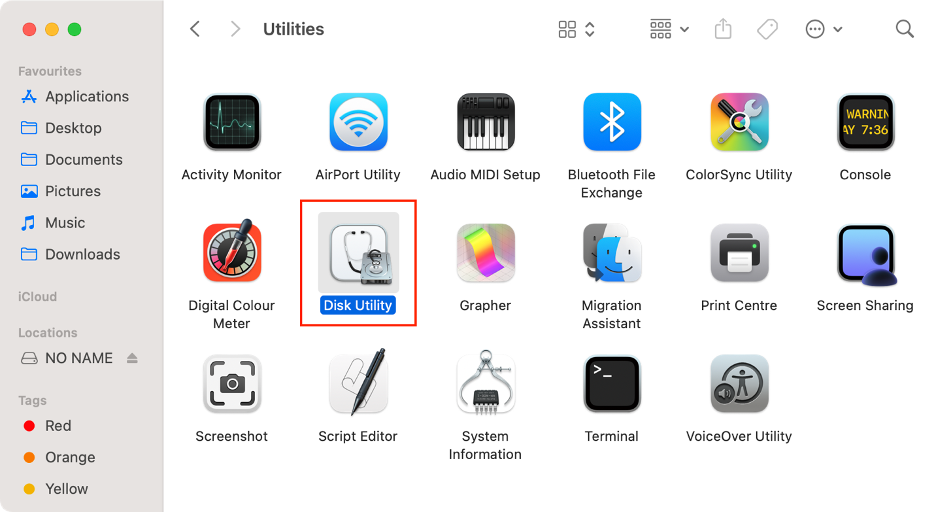 To fix the -69877 error by unmounting and mounting your external disk, launch Disk Utility on your Mac.