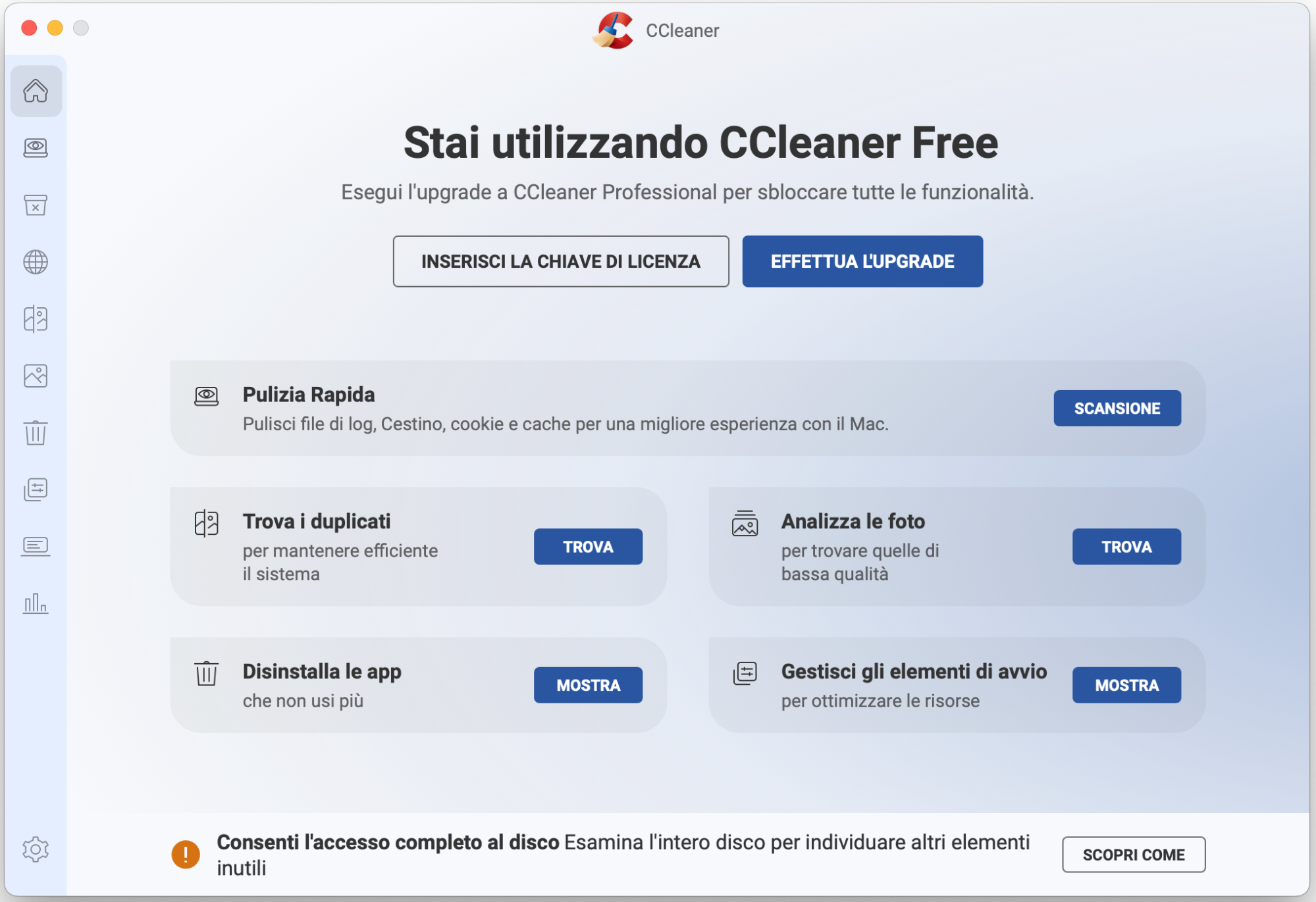 La versione di CCleaner mostra la schermata principale ai nuovi utenti dopo che hanno scaricato, installato e aperto l’app. Si possono già vedere l’elenco delle funzioni integrate dell’app e le opzioni per effettuare l’upgrade.