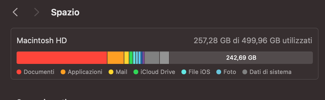 Il grafico dell’archiviazione nelle Impostazioni di sistema su Mac mostra come viene utilizzato il disco di avvio e quanto spazio libero è ancora disponibile.