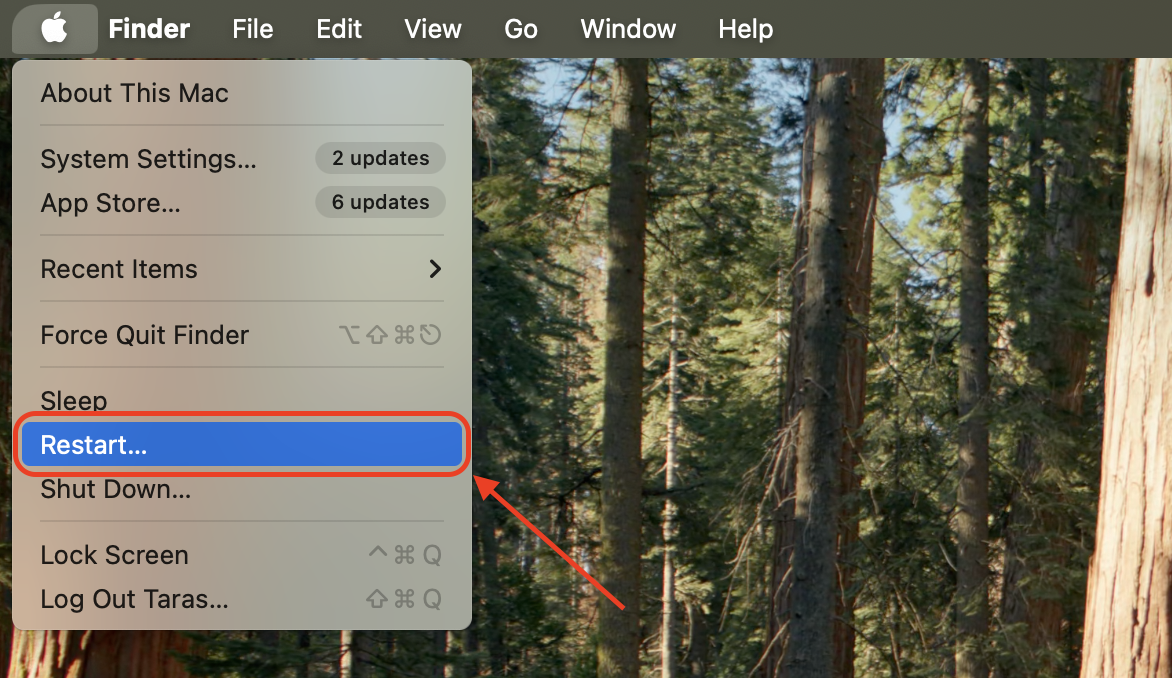 Click the Apple logo in the top-left corner, then choose Restart from the dropdown to refresh system processes and resolve syncing issues.