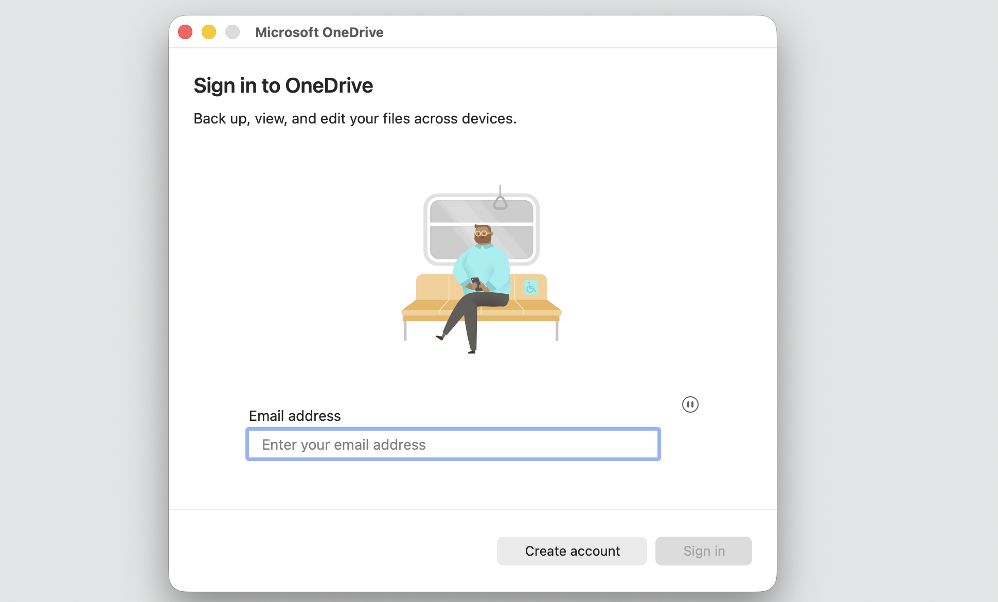 The Sign in to OneDrive window on macOS with the email address field to log in to your Microsoft account after reinstalling on a MacBook.