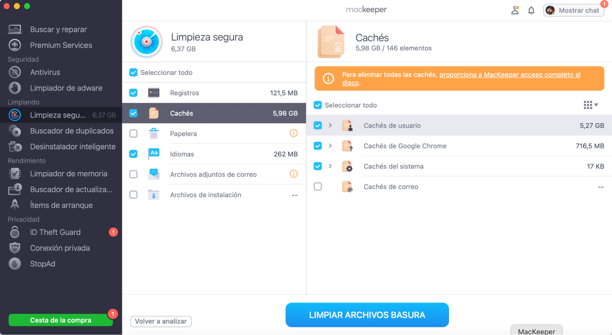Tras el análisis, puedes revisar los archivos o hacer clic en Limpiar archivos basura para eliminarlo todo de una vez. Esto mantiene tu navegador funcionando con fluidez al deshacerse de los datos innecesarios.