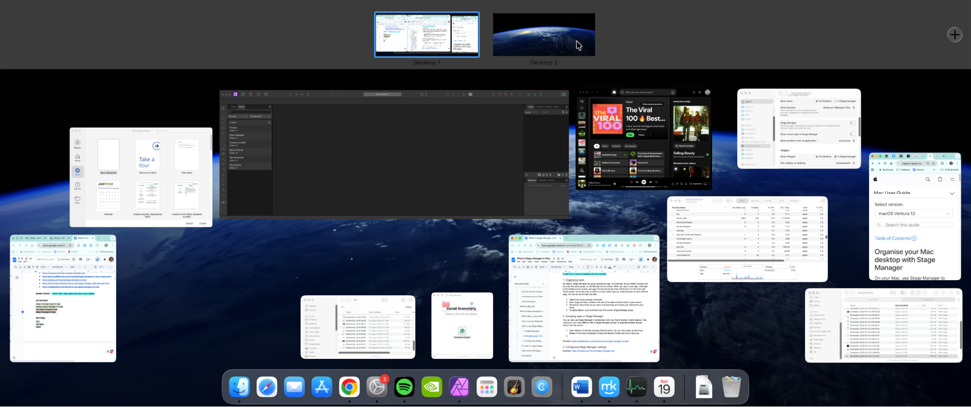 You also have the option to use Stage Manager alongside Mission Control. This means you can have separate desktop spaces, each with its own Stage Manager groups.