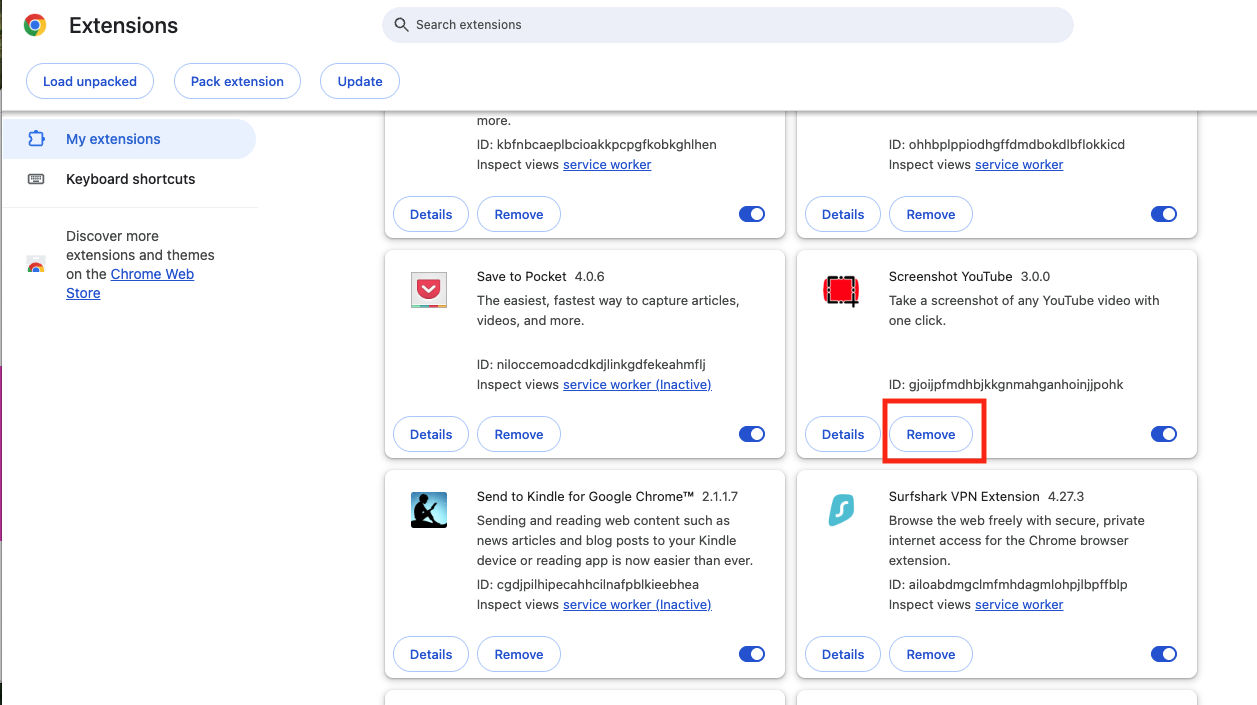 After checking Chrome's homepage, it's time to have a look at your extensions. Select 'Extensions' from the side menu, then click the 'Remove' button on an extension.