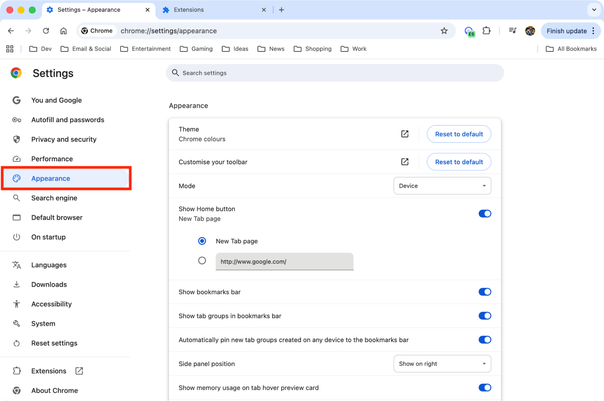 The Appearance menu in Chrome settings on Mac. You can go here to change your Chrome theme after learning how to get Google Chrome on Mac.