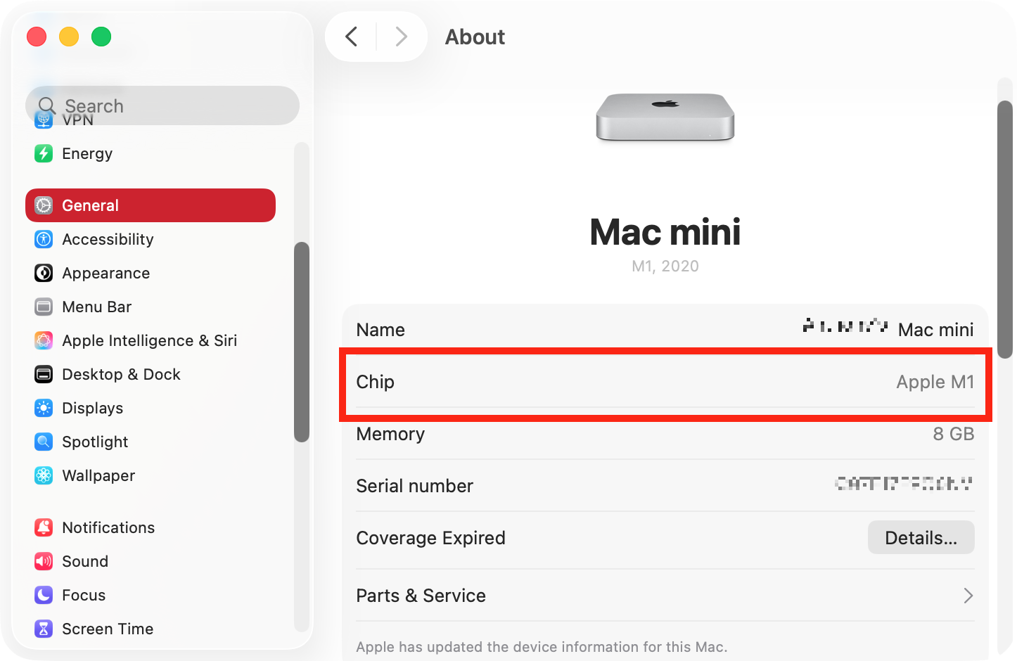 In the General > About section of your Mac's System Settings, you'll see a list of essential information. Right near the top, you'll be able to see what type of chip you have.