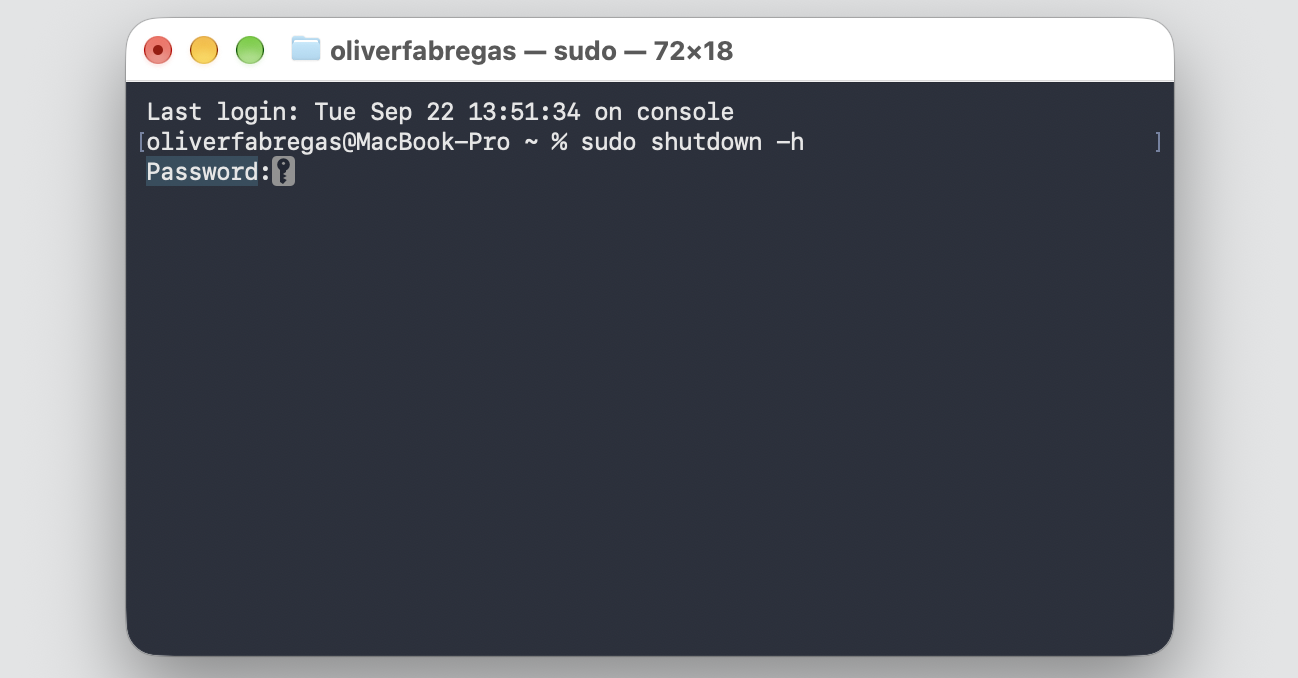 Terminal on an Apple computer prompting for the admin password after the sudo shutdown countdown command, with the hidden entry field waiting.