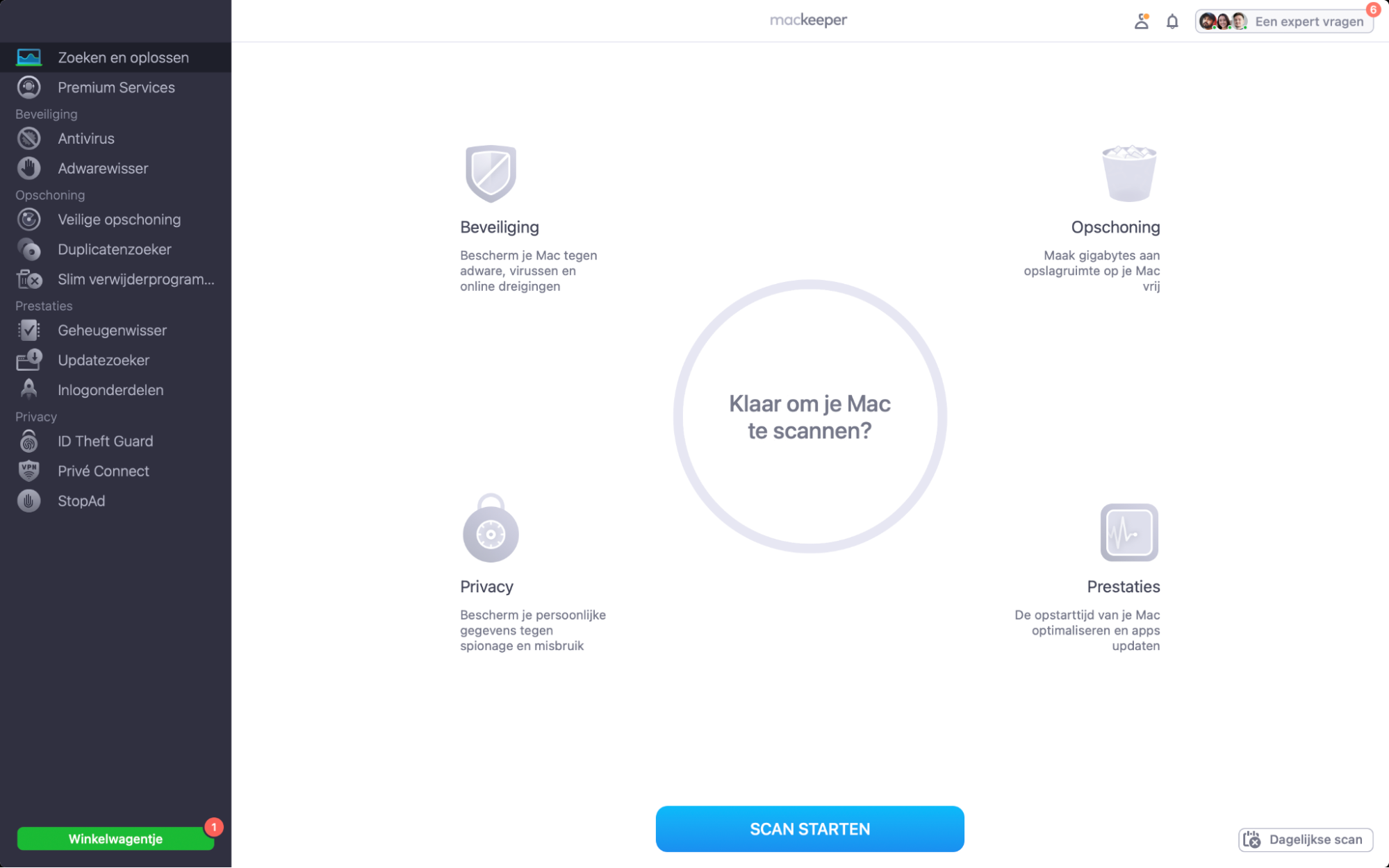 Ontdek waarom Activiteitenweergave op je Mac niet goed werkt met de Zoeken- en Oplossen-tool van MacKeeper. Klik op ‘Volledige scan starten’ om je apparaat te controleren