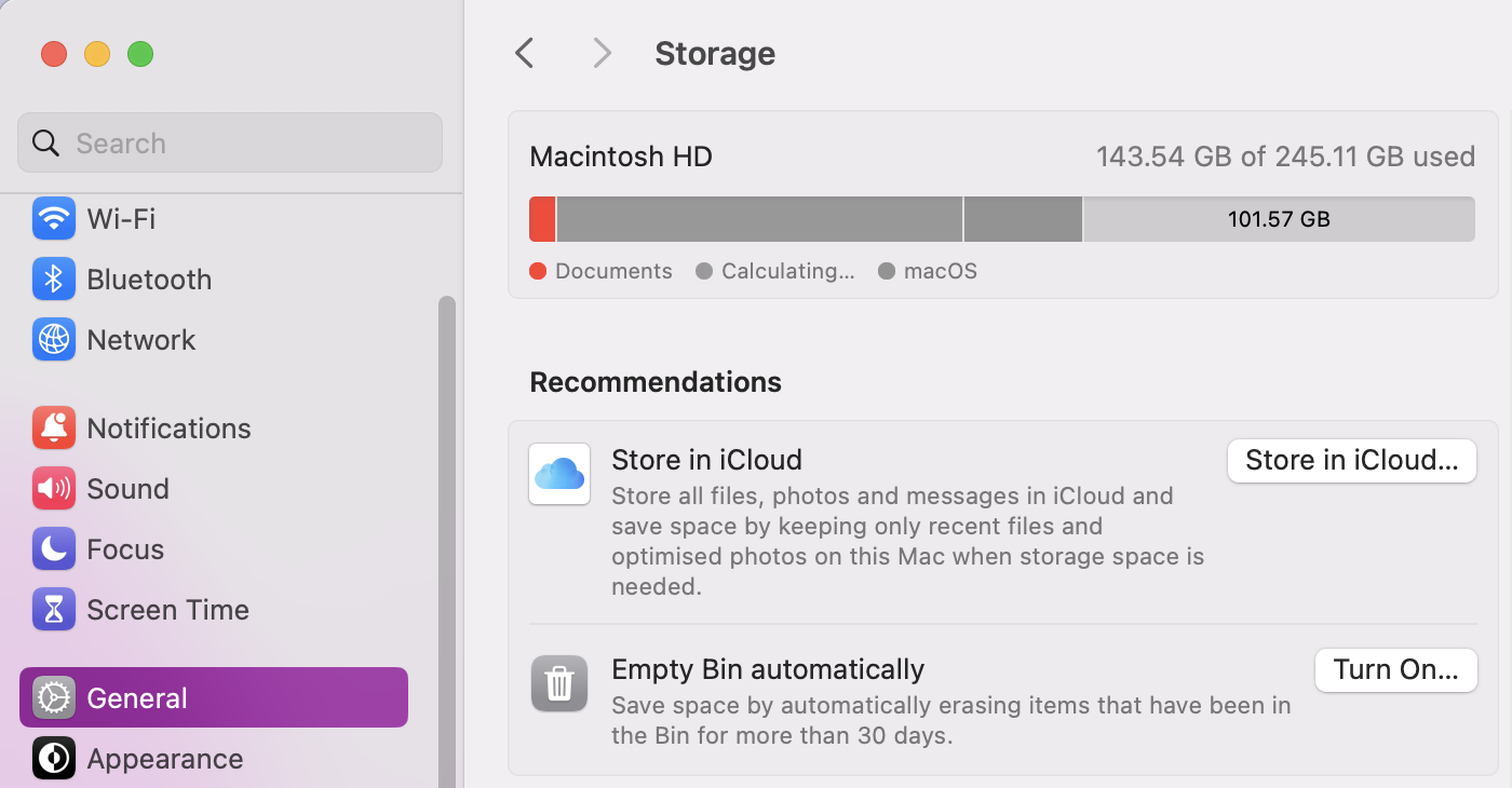 Making space on your Mac or iPhone is highly recommended, especially if your Shared Album contains a lot of content and demands significant RAM or disk space. Open your System Settings, go to General, and navigate to Storage. From there, you can confirm how much space you have and make more room based on the recommendations below the coloured chart.