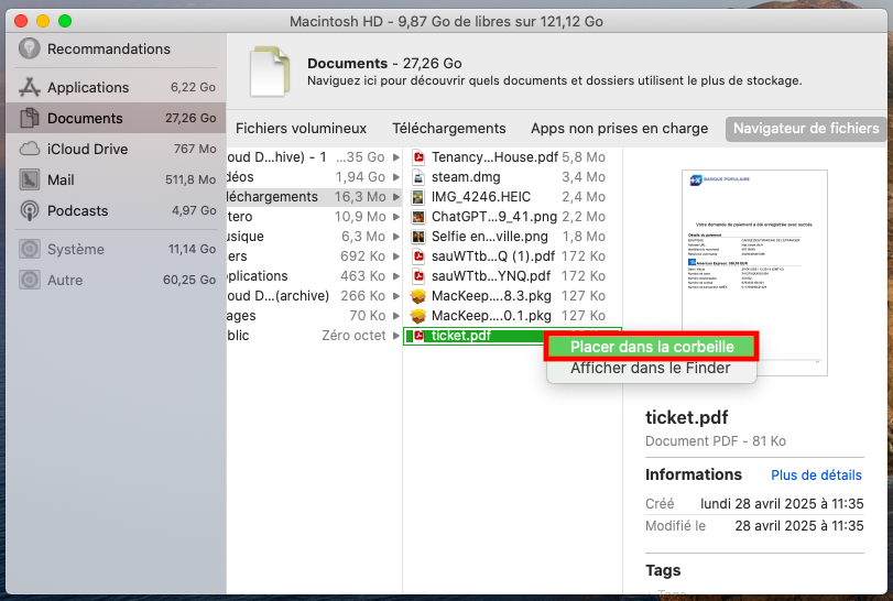 Pour optimiser le stockage de votre Mac, utilisez le Navigateur de fichiers. Rendez-vous dans Documents comme indiqué ci-dessus puis sélectionnez le Navigateur de fichiers. Choisissez les fichiers que vous souhaitez supprimer puis cliquez sur Placer dans la corbeille en effectuant un clic droit.