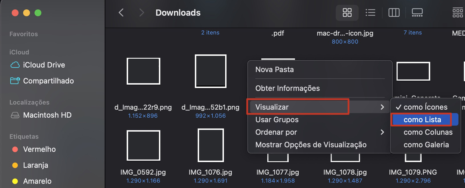 Para organizar seus downloads usando a visualização em lista no Mac, abra o Finder e clique na pasta Downloads. Em seguida, clique com o botão direito, vá em Visualizar e selecione como Lista.