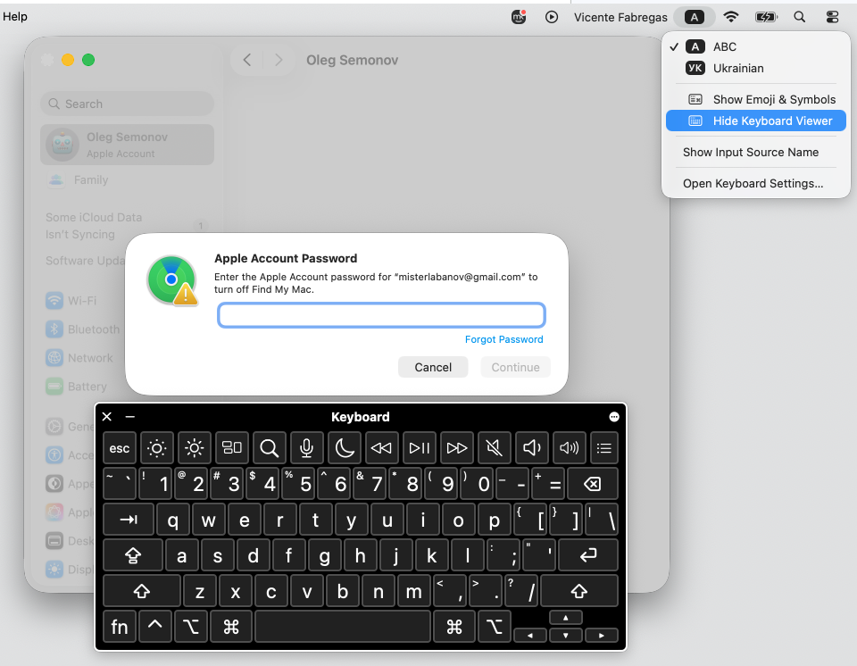 Apple ID password prompt on macOS using the on-screen Keyboard Viewer to enter credentials on an Apple device with no working keyboard.