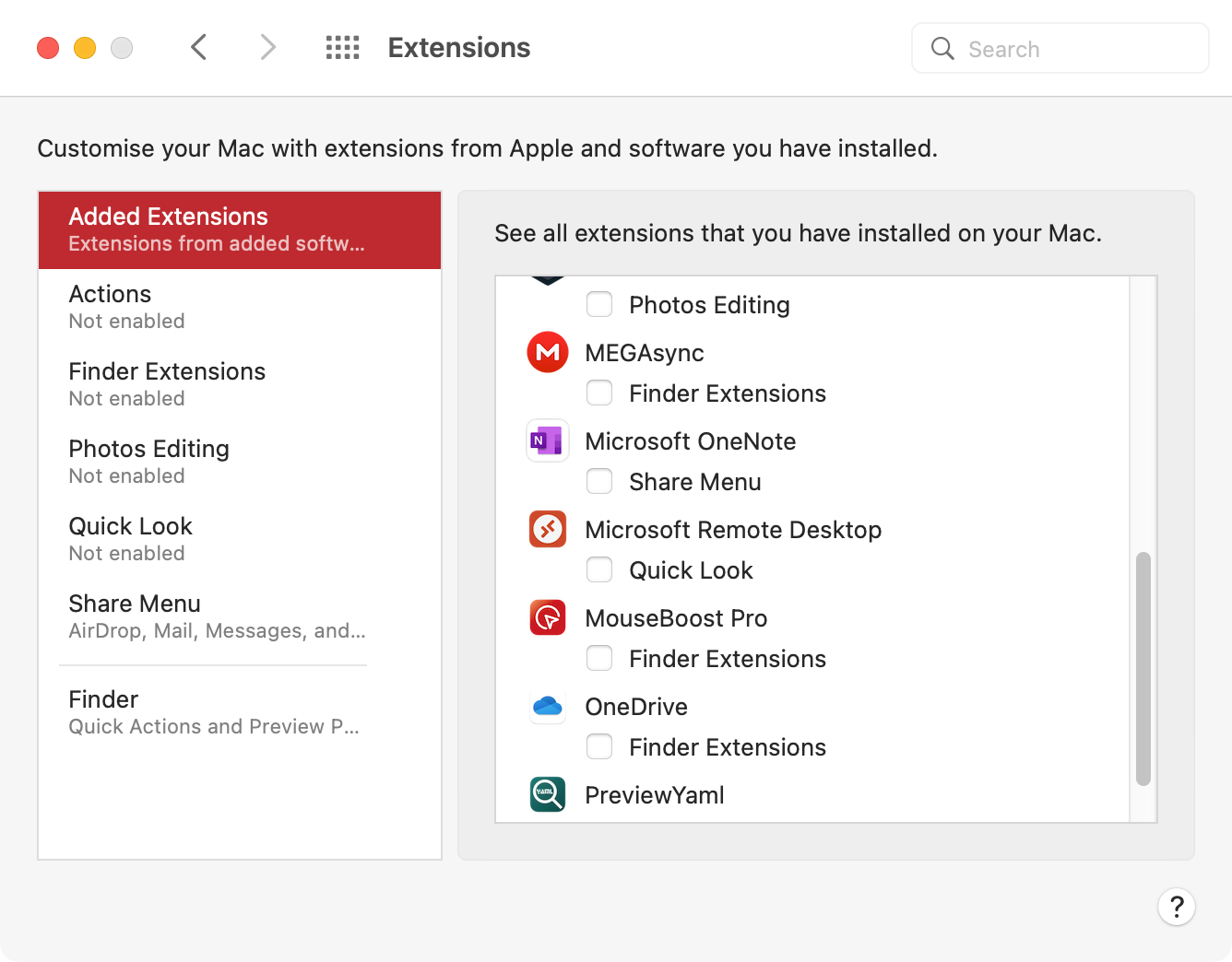 Manage the existing extensions on your Mac by temporarily disabling some/all of them to see whether they help fix a problem.