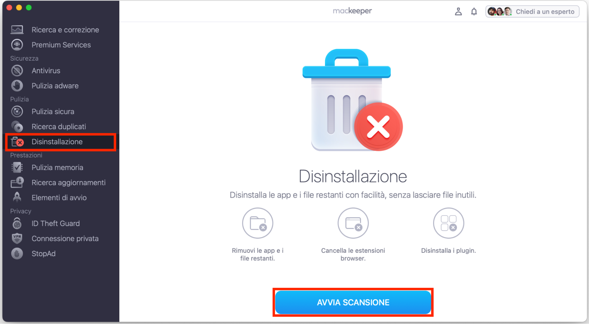 Su Mac, MacKeeper mostra lo strumento Disinstallazione per rimuovere il software indesiderato. Fai clic su Avvia scansione per individuare tutte le applicazioni installate sul tuo dispositivo.