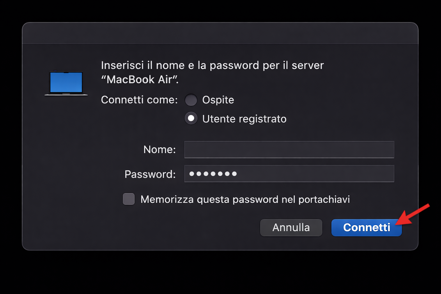 La richiesta di connessione in Rete su Mac mostra le opzioni di accesso. Per usare la condivisione file via Bluetooth e copiare file da un Mac all’altro, inserisci nome utente e password dell’amministratore del Mac precedente, poi fai clic su Connetti.