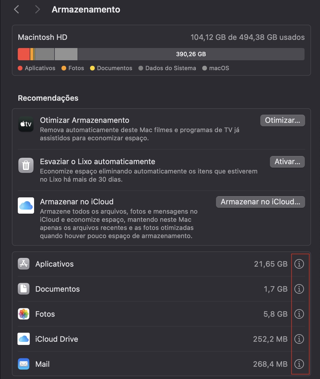 Nos Ajustes de Armazenamento, você verá vários tipos de informações sobre o que está armazenado no seu Mac. Também pode usar as ferramentas aqui para otimizar o espaço do disco.