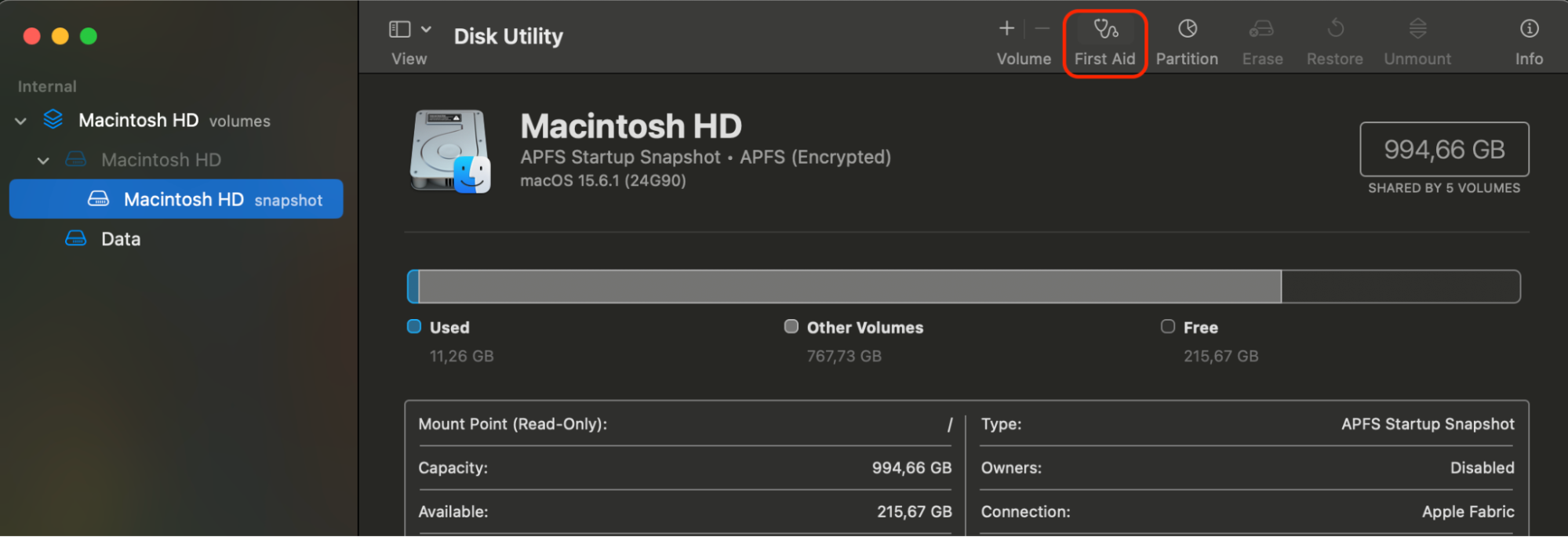 Click First Aid → Run in Disk Utility to repair your disk's structure and file system, helping resolve issues that cause System Settings to freeze.
