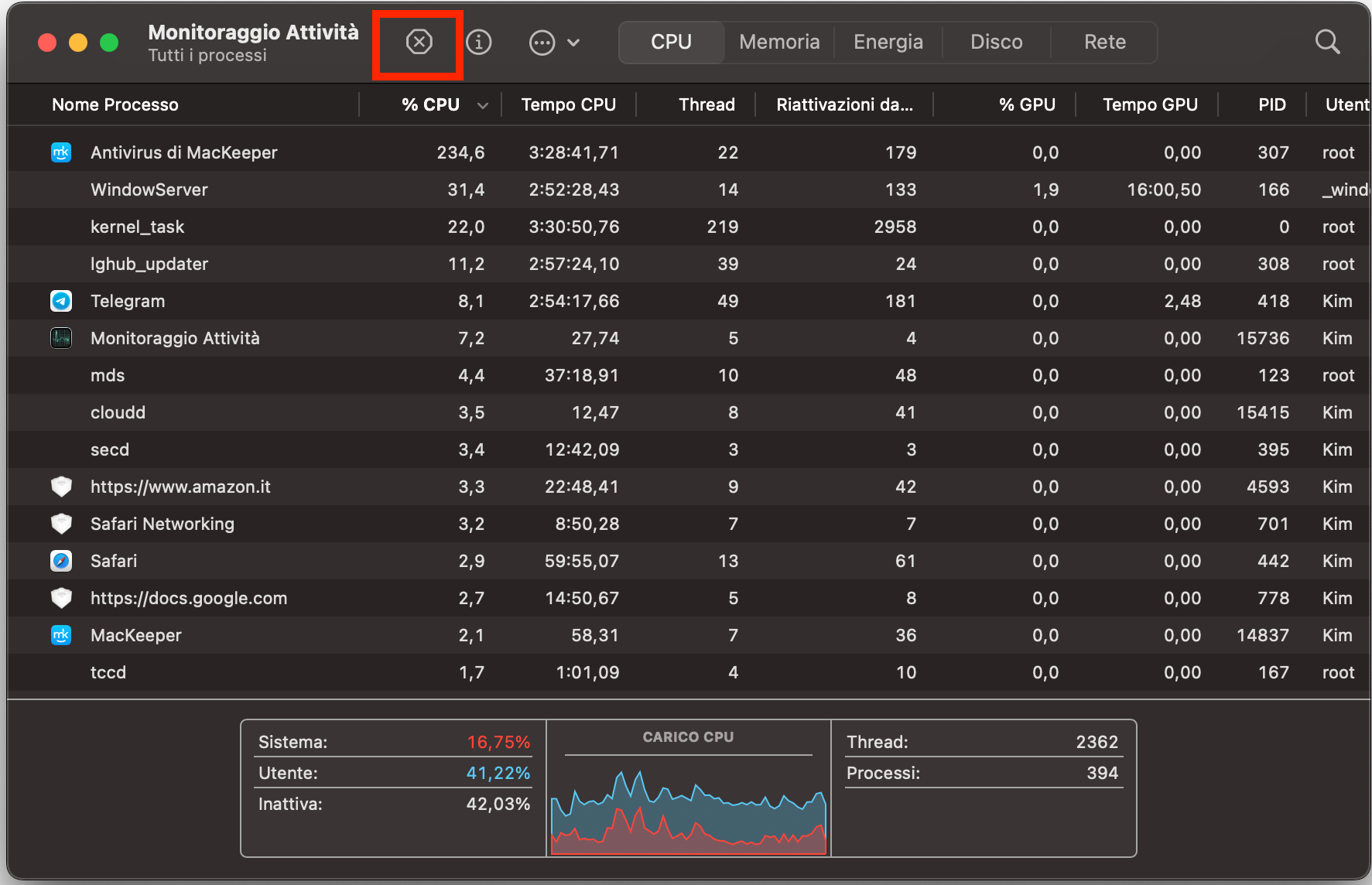 Mentre osservi le informazioni sulla CPU, scegli i processi che consumano più risorse e rimuovili cliccandoci sopra e poi sul pulsante X