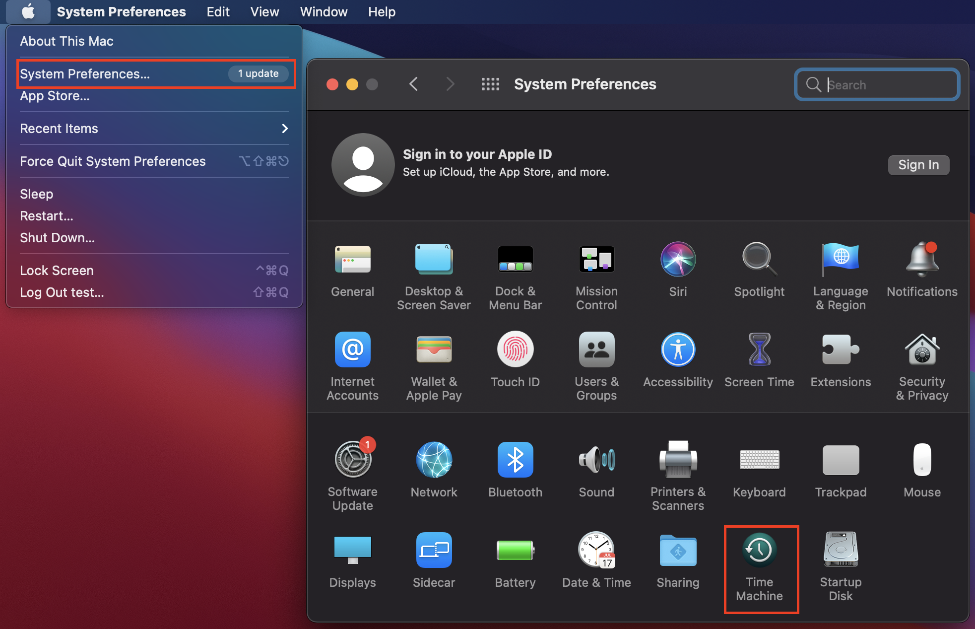 To back up your Mac, start by connecting your hard drive to the computer and then open Time Machine from your System Preferences.