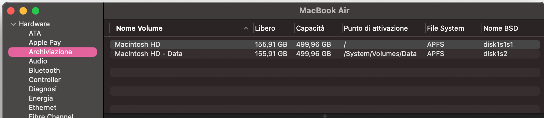 In Resoconto di sistema, fai clic su Archiviazione nella barra laterale per visualizzare i dettagli sull’unità interna del Mac, inclusi tipo, capacità e spazio disponibile.