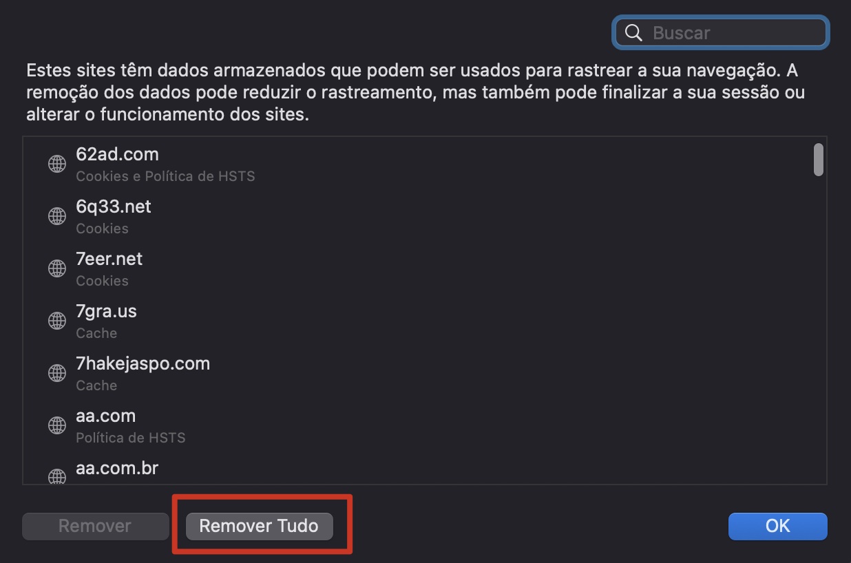 Clique em Remover Tudo para excluir dados armazenados desnecessários.