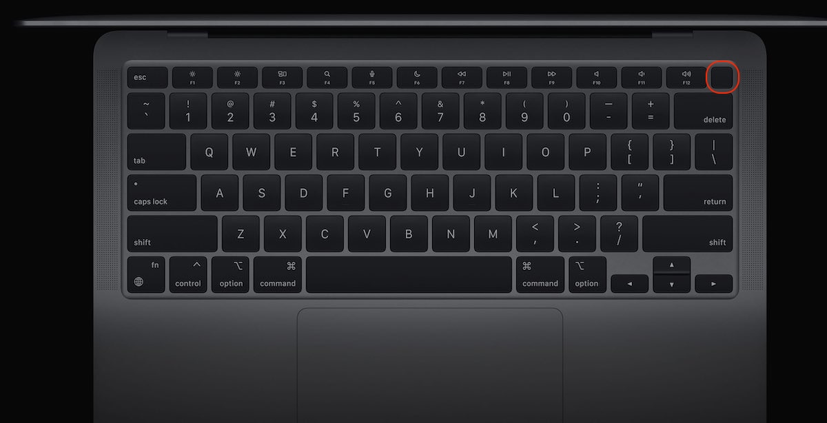 A Mac keyboard showing the power button, which you'll need to press after holding down the key combination to reset the SMC on your Mac when it's stuck in Recovery mode.