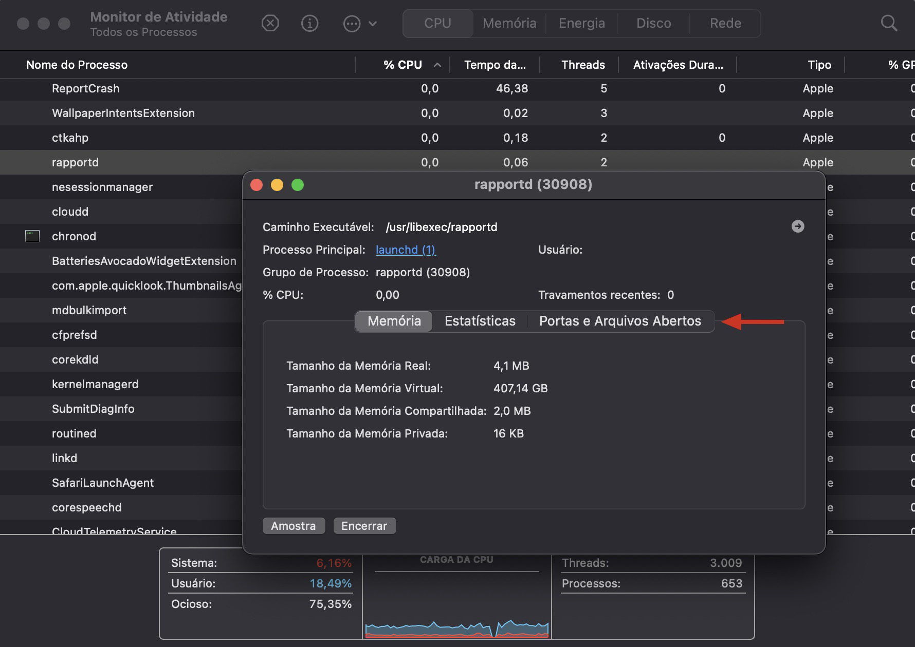Depois de abrir o Monitor de Atividade no seu Mac, você pode analisar todos os processos, prestando atenção em qualquer um que seja duplicado ou não reconhecido. Se encontrar algo suspeito, clique com o botão direito no processo e vá em Portas e Arquivos Abertos.