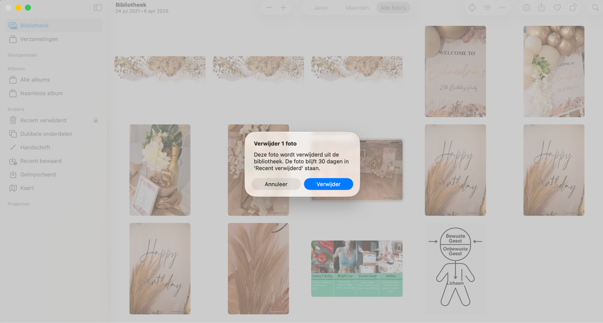Om foto’s op je Mac met een sneltoets te verwijderen, open je de Foto’s-app en selecteer je de afbeelding(en) die je wilt verwijderen. Druk vervolgens op de Backspace-toets. Klik ten slotte op Verwijder om te bevestigen.