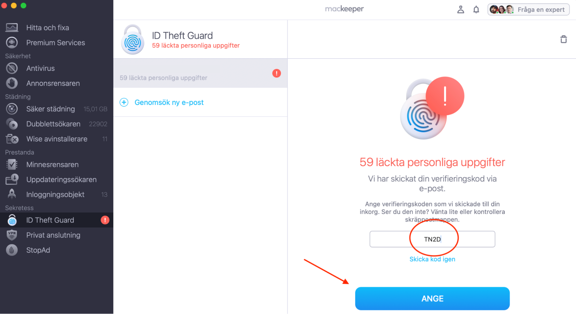 MacKeeper på Mac visar ID Theft Guard. Klistra in verifieringskoden som skickats till din e-post i rutan och klicka på Ange.