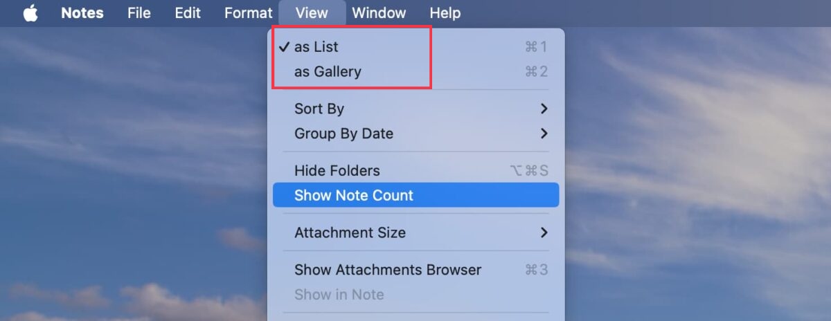 Change the way you view Notes when the app is not working. Select View and choose either the as List or as Gallery options to switch.
