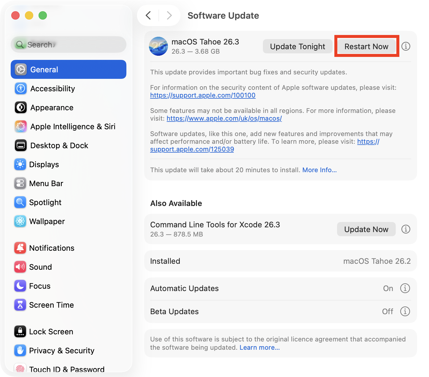 The Software Update menu inside System Settings on Mac showing a new macOS update. Install all new releases when your HDMI is not working on Mac to eliminate potential bugs.